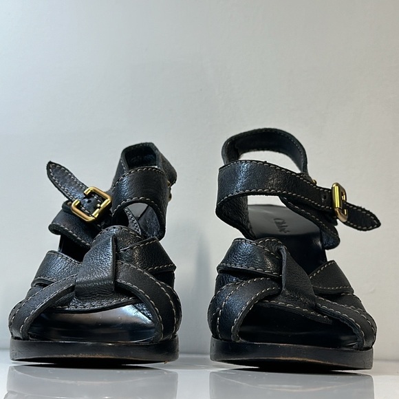 Chloe Black Leather Strap Stacked Sandal Heels Size 40 - Picture 4 of 16